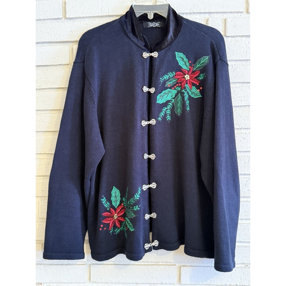 Crystal Kobe Holiday Christmas Ugly Sweater Party Black Velvet Collar Beaded XL